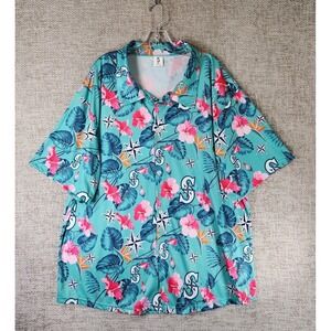 SEATTLE MARINERS All Over Floral Aloha‎ Print Baseball Shirt Adult XXL Green EUC